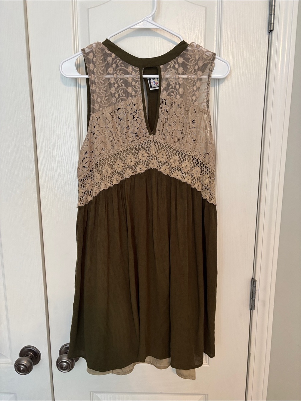 Take Two Women’s Olive Green Sleeveless Lace Crochet Yoke Mini Dress size XL